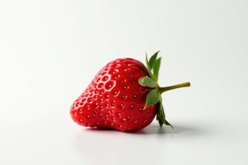 Single ripe strawberry, vibrant red, pristine white backdrop, red, juicy
