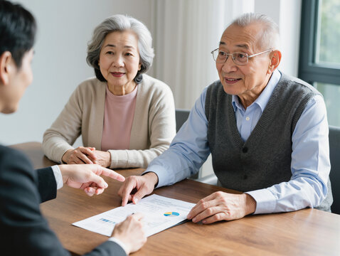 Happy Senior Asian Couple Meeting with a Financial Advisor for Retirement Planning