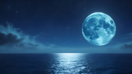 Full moon shining brightly over calm sea under night sky