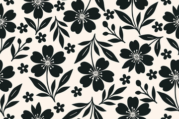 Charming seamless floral pattern with bold black cherry blossom-style flowers and delicate leaves on a beige background, perfect for fabric, decor, or stationery.