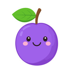 Obraz premium Cute kawaii purple plum character with a smiling face, pink cheeks, and a green leaf.