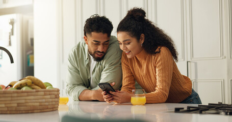 Home, smile and couple in kitchen, smartphone and typing with social media, connection and texting....