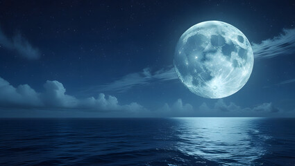 Full moon shining over calm sea with night sky and clouds
