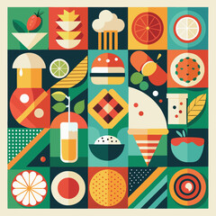 Fototapeta premium Abstract geometric food in square tiles. Fruits and vegetables. Coffee wine cocktail burger pizza sushi muffin hot dog shrimp noodles racy vector set