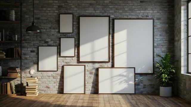 Rustic Brick Wall with Seven Blank Frames Wooden Floor Books and Potted Plant Interior Design for Mockup in Warm Lighting