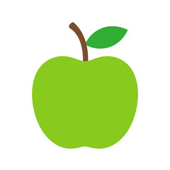 Stylized green apple illustration with a brown stem and single leaf. A simple, flat design graphic icon.