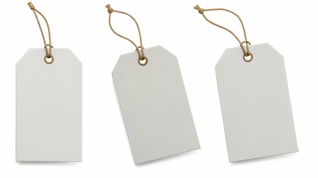 Three Gray Cardboard Tags Hanging by Brown Twine on White Background