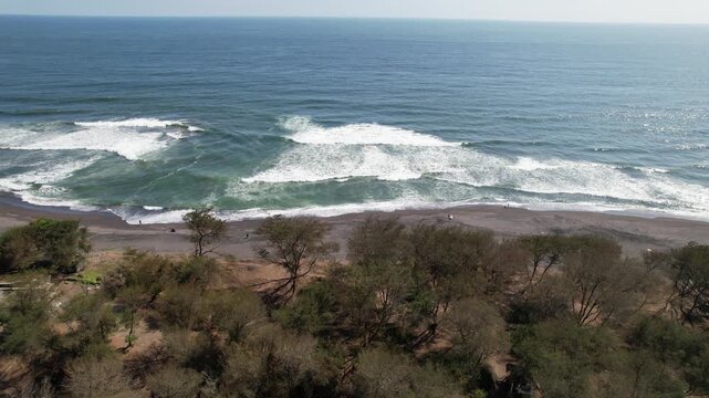 A rip current is a strong, narrow current of ocean water that moves away from the shore toward the open sea. This current is dangerous. Aerial view of rip current.