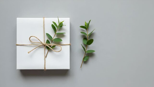 White Gift Box Tied With Twine and Green Leaves on Light Gray Backdrop for a Minimalist Natural and Elegant Presentation