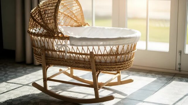 Wicker Baby Bassinet with White Linen Interior Standing Near Sunlight Window Casting Shadows on Tiled Floor For Adobe Stock Photo
