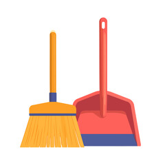 Colorful cartoon broom and red dustpan cleaning tool set. Yellow bristles and blue handle details.