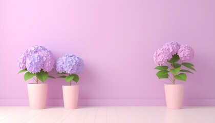 Pastel purple old brick wall decorated with hydrangeas in small pots for a cute background. 