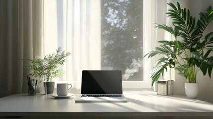 120.A minimalist desk setup with a sleek laptop, wireless keyboard, and a cup of coffee steaming in the corner. A large window floods the space with natural light, casting sharp shadows on a clean