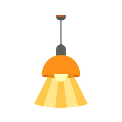Stylish orange dome pendant lamp with a glowing bulb, casting warm yellow light rays in a flat design style.