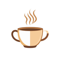 Wide, two-handled beige ceramic cup filled with steaming hot brown coffee, presented in a flat design illustration.