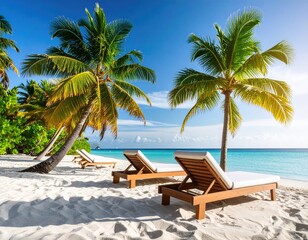 Tropical beach scene with palm trees and sun loungers