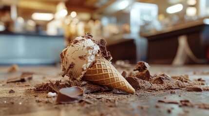 67.Fallen chocolate ice-cream in restaurant, ice cream cone fall to the ground: