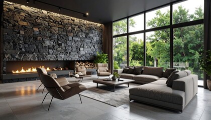Modern living room with stone fireplace and large windows