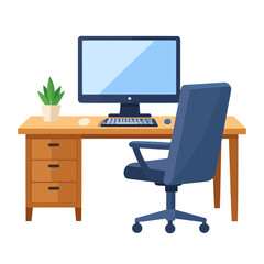 Modern office workspace with a wooden desk, blue swivel chair, computer monitor, and a small potted plant.