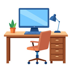 Flat design illustration of a modern office workspace with a computer, desk, and orange swivel chair.