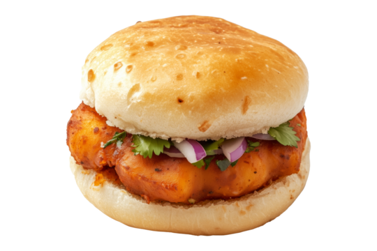 Crispy chicken sandwich Vada pav with red onions, herbs, and soft bun isolated on a white transparent background, concept of fast food meal