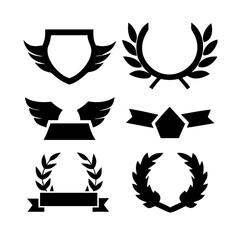Fototapeta premium Vintage educational coat of arms set with university college and academy elements isolated vector illustration. Laurel wreaths, shields, ribbons illustration for awards,badges, and branding designs 