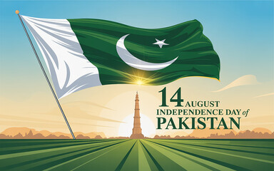 Pakistan Independence Day Artwork with Flag, Silhouettes, Minar-e-Pakistan, and Green Background for 14 August