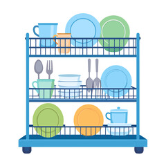 Blue three-tier kitchen dish drainer with colorful ceramic plates, mugs, and utensils.