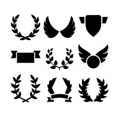 Vintage educational coat of arms set with university college and academy elements isolated vector illustration. Laurel wreaths, shields, ribbons illustration for awards,badges, and branding designs
