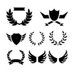 Fototapeta premium Laurel wreath, shield, wing, ribbon, and banners vector set. Laurel wreaths, shields, wings, ribbons illustration for awards, heraldry, logos, badges, and branding designs 