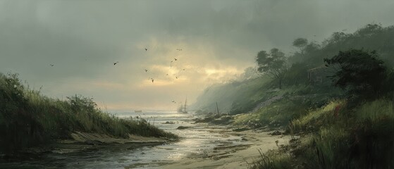 Serene coastal landscape with distant fog.