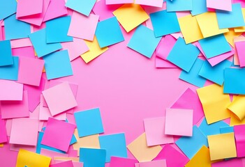 Close-up vibrant pink, blue, yellow sticky notes, chaotic arrangement, blank space,  vibrant,  sticky note background
