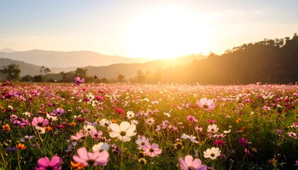 Colorful flower field at sunset