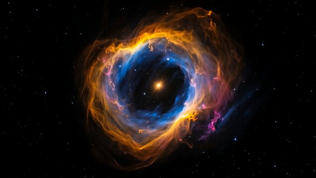 A vibrant, colorful nebula glows brightly in the vast darkness of outer space