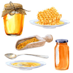 A set of watercolor elements on the theme of honey; honeycombs, honey in jars, pollen, teaspoon and saucer