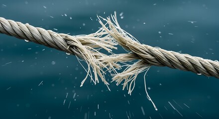 Close-up of a frayed and partially broken rope with water droplets against a blurred blue background