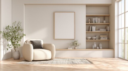 Modern minimalist living room with beige armchair and wooden shelving