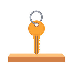 A simple orange key with a silver metal ring being inserted into a light brown keyhole.