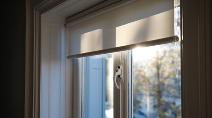 Sunlight streams through a window with light-colored window blinds