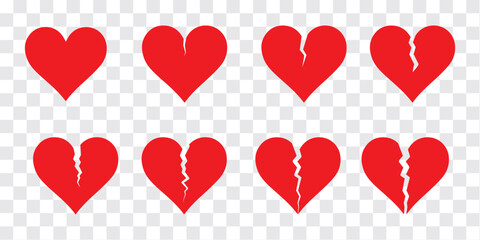 Red broken heart icon set. Cracked love hearts in bold red color. Emotional pain, sad love, and heartbreak vector collection.