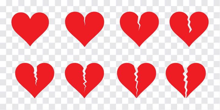 Red broken heart icon set. Cracked love hearts in bold red color. Emotional pain, sad love, and heartbreak vector collection.