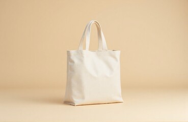 Canvas totebag with curved handles, soft matte floor and warm beige background, professional studio product photography