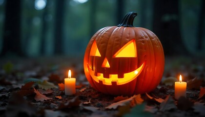 Spooky Jack O' Lantern Background,  Burning jack-o'-lantern on table in abandoned cabin, halloween theme, spooky banner, fall festive celebration, created with generative ai