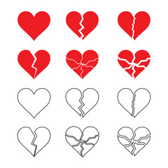 Red and black broken heart icon set. Cracked love hearts in bold red color. Emotional pain, sad love, and heartbreak vector collection.