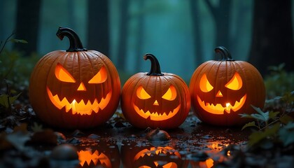 Fototapeta premium Halloween pumpkins glowing in moonlit forest, Spooky Halloween scene, glowing jack-o'-lanterns, Spooky Holiday Season, Fall Festival Celebration, created with generative ai