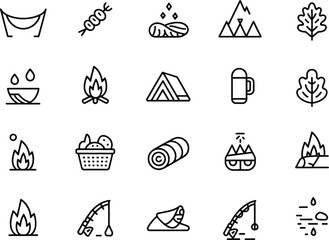 Camping Icon Set with Hammock, Skewer, Nuts, Mountain, Leaf & Tent Line Style