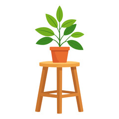 Cartoon houseplant with green leaves in a terracotta pot on a simple light brown wooden stool.