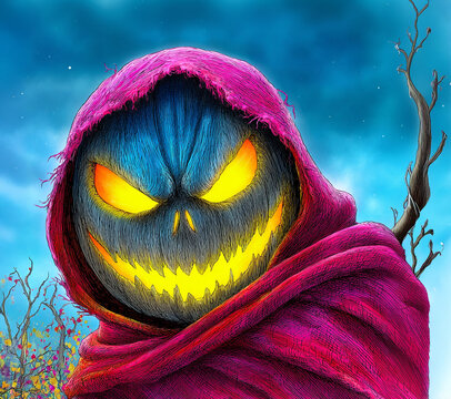 Evil Pumpkin Spirit &ndash; Halloween Hooded Monster with glowing eyes and sharp smile, wearing a torn red hood. Stylized comic illustration perfect for spooky themes 