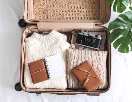 Open suitcase packed with clothes, notebooks, and a vintage camera, ready for a trip, with a monstera plant nearby.