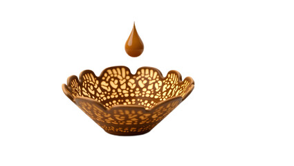 Decorative carved bowl with a droplet above, glowing with warm light on transparent background.
